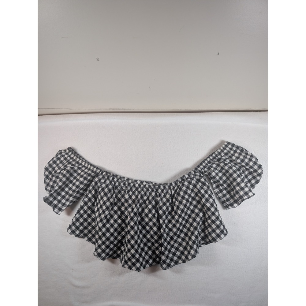 Adrienne Black White Gingham Off Shoulder Crop Top Puff Sleeve Ruffle Small